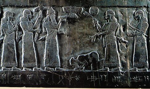 A relief from the Black Obelisk of Shalmaneser III of King Jehu bowing in submission to the Assyrian ruler Shalmaneser III.