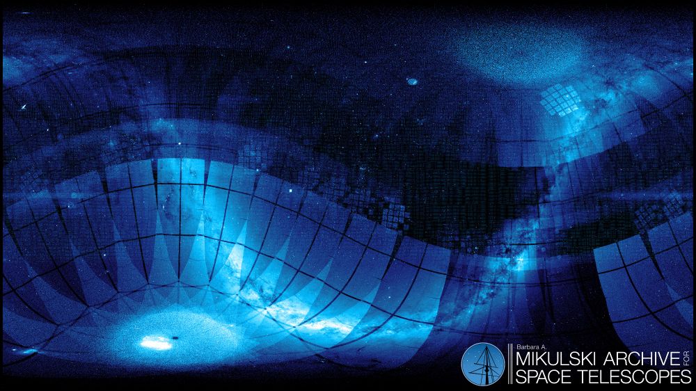 MAST background in "standard" sky projection, in hues of blue. Lighter blue areas mark lots of observations, while darker areas are less.  Numerous patterns are visible, like the continuous viewing zones as ovals in the lower-left and upper right, patterns from overlapping TESS FFIs, or the Kepler footprint shapes stamped along the ecliptic and in the original Kepler field in the upper-right.
