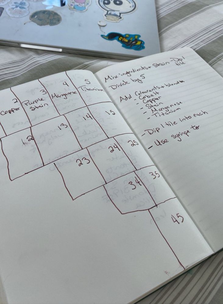 An open notebook with a coaxial glaze test handwritten on it and some notes about colourants.  