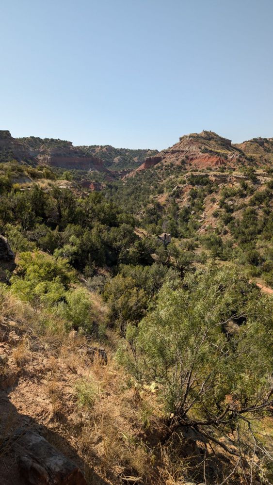 The path gets immediately steeper in the last .1 mile of the Lighthouse Rock trail as you vegin your climb up to the base. This view looks out down one of the channels in the canyon, showing the steep inclines covered in plantlife and rock layerings.