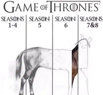 Picture of a horse divide up by Game of Thrones seasons showing the start as well drawn and degrading into a child's line drawing at the end for seasons 7 and 8