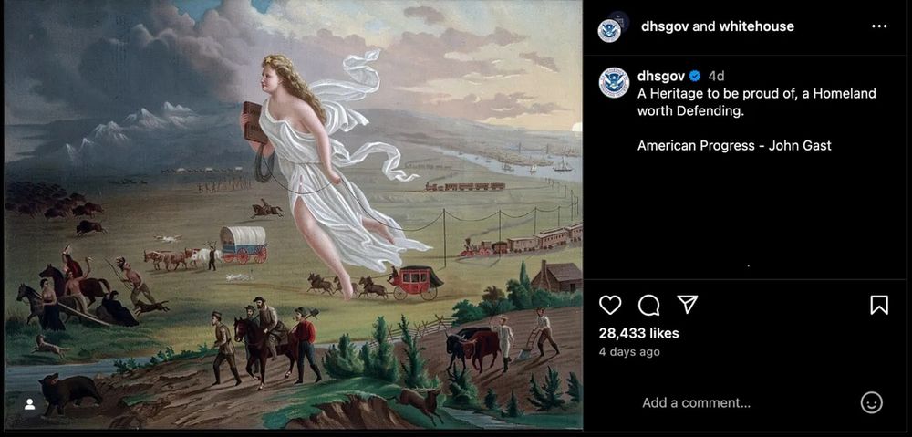 Department of homeland security posts John Gast's 1872 White Supremacist painting "American Progress" depicting indigenous people fleeing colonist violence