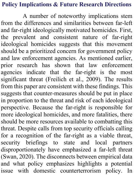 Policy Implications & Future Research Directions

A number of noteworthy implications stem from the differences and similarities between far-left and far-right ideology motivated homicides. First, the prevalent and consistent nature of far-right ideological homicides suggests that this movement should be a prioritized concern for government policy and law enforcement agencies. As mentioned earlier, prior research has shown that law enforcement agencies indicate that the far-right is the most significant threat (Freilich et al., 2009). The results from this paper are consistent with these findings. This suggests that counter-measures should be put in place in proportion to the threat and risk of each ideological perspective. Because the far-right is responsible for more ideological homicides and more fatalities, there should be more resources available to combatting this threat. Despite calls from top security officials calling for recognition of the far-right as a viable threat, security briefings have emphasized a far-left threat (Swan, 2020). The disconnects between empirical data and what policy emphasizes highlights a potential issue with domestic counterterrorism policy.
 
