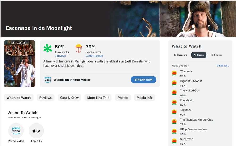 Escanaba in da Moonlight. Critics Rating: 50%. Fans rating: 79%.