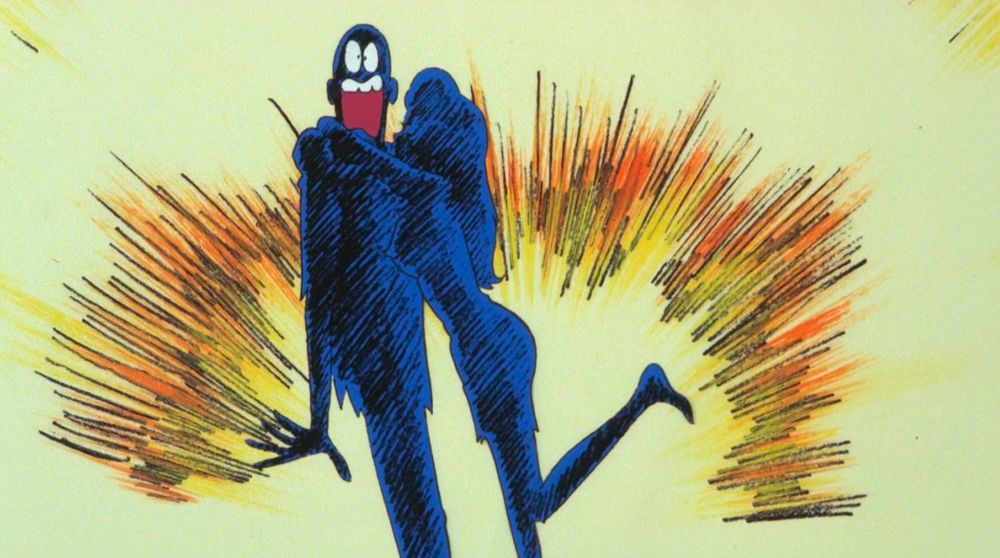 The handsome man is yelling as the missiles explode behind him and the beautiful woman.