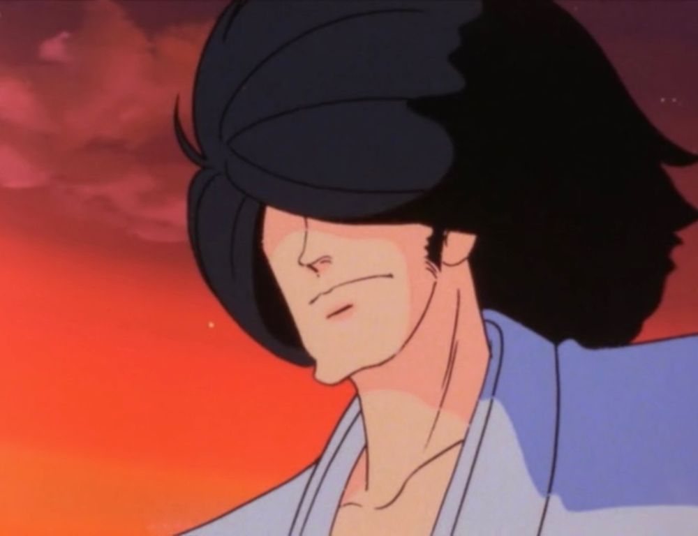A handsome samurai with his windswept hair covering his eyes