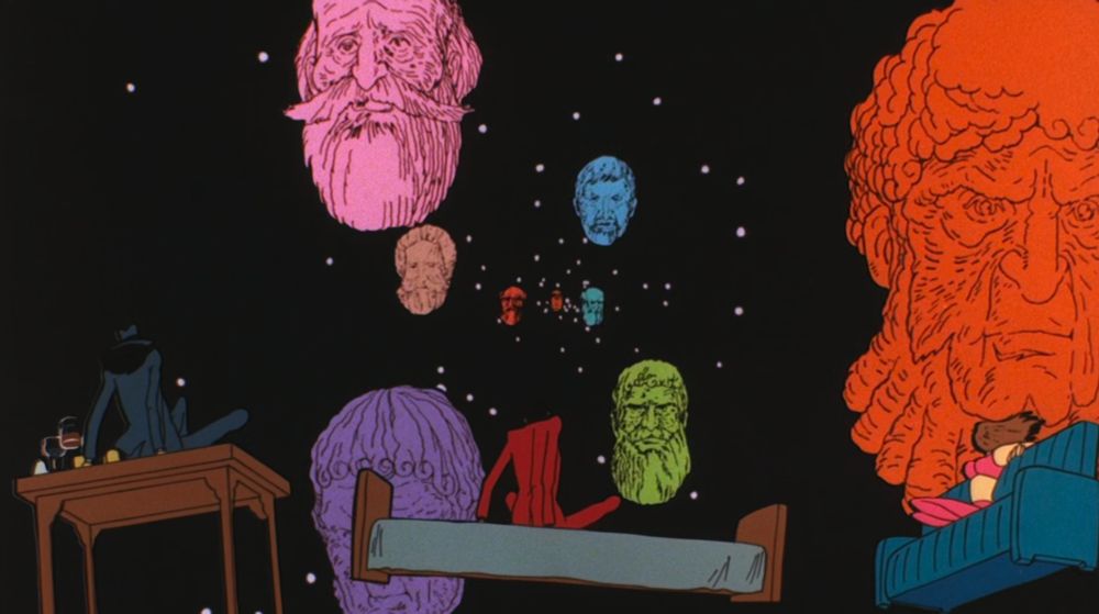 Three (handsome and beautiful) people on floating furniture as the heads of history's greatest minds float towards them in a starscape