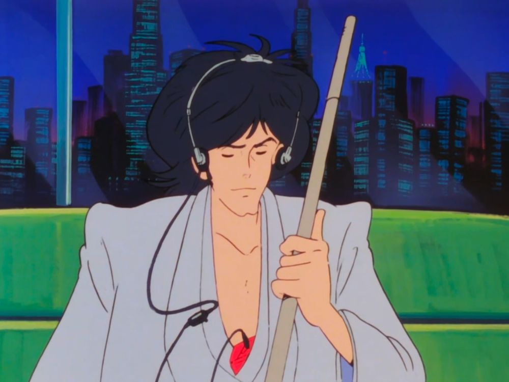 A handsome samurai with his sword, listening to tunes on his Walkman. The Walkman is tucked into his kimono.