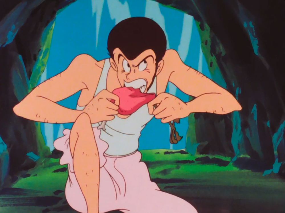 A handsome man in a sleeveless shirt and puffy pink underoos chewing on a raw raven and looking really pissed off