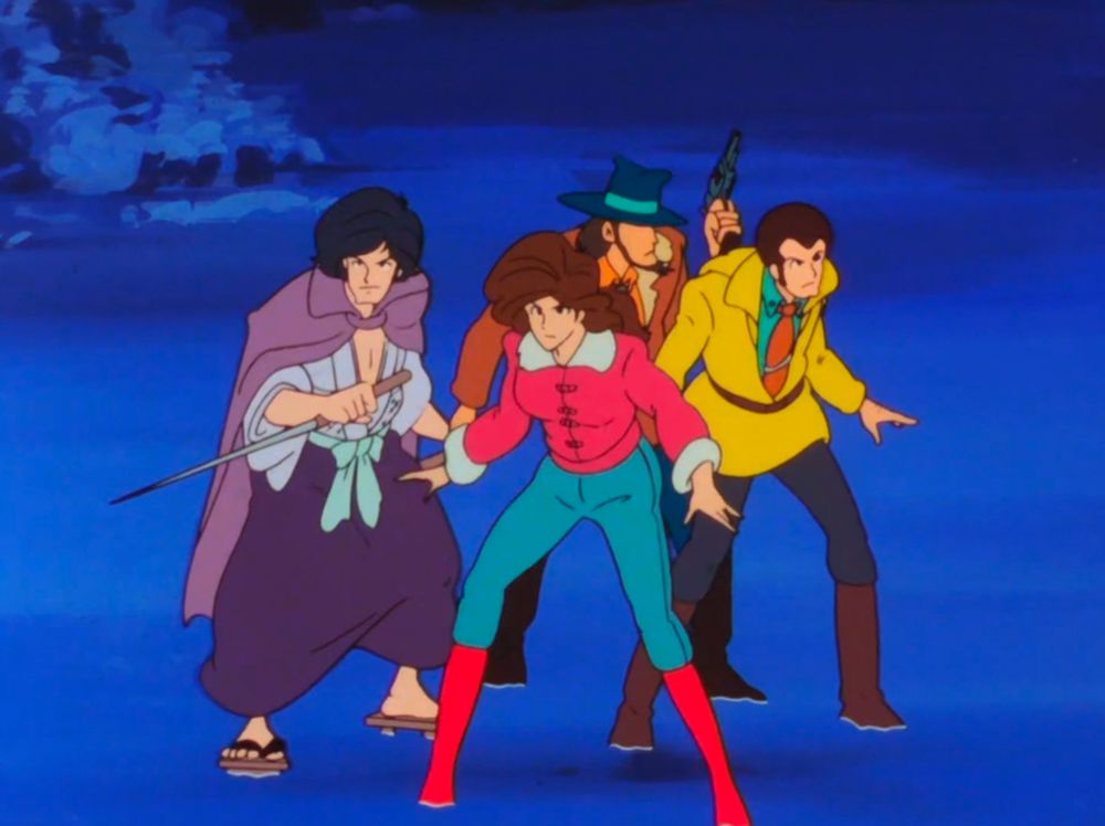 Three handsome men and one beautiful lady in the snow, dressed in winter-ready clothing. They are all standing defensively.