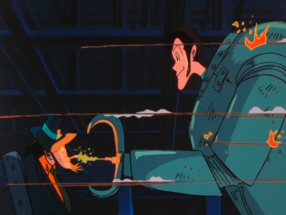 A handsome with a beard in a hat gets his cigarette lit by a stunningly handsome man with sideburns wearing a robot suit