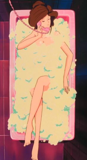The most beautiful woman in the world (oh, mommy) taking a bubble bath while talking on a pink phone.