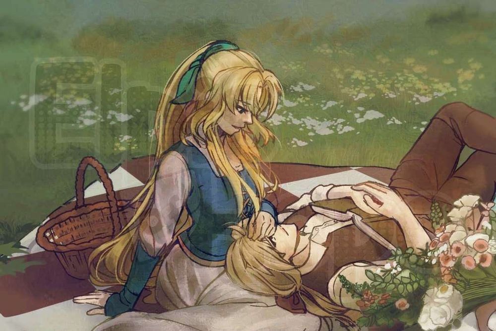 A drawing of a couple photo of Nyna and Camus in cottagecore wear on a picnic blanket. Nyna has Camus's head in her lap and brushing the hair out of his face. Camus is reading a book, with a bouquet of flowers next to him.