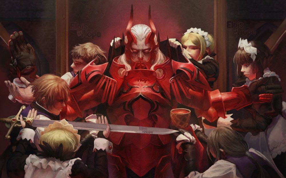 A full illustration of Walhart from Fire Emblem: Awakening. The entire illustration’s composition is taken from Edgar Markov’s Magic the Gathering card.

Walhart stands intimidatingly in the center of his throne room. Light shines from above, giving him a grim expression. 3 maids and 3 butlers surround him. On the bottom left, a maid hands him Alm’s Blade. Above her is a butler adjusting Walhart’s armor. And above him, another butler holds up Walhart’s gauntlet, as he prepares to secure it to his emperor’s hand.

On the bottom left is a butler holding a goblet holding some sort of red liquid. It is unknown what it is. Above him are two maids adjusting his armor and cape.