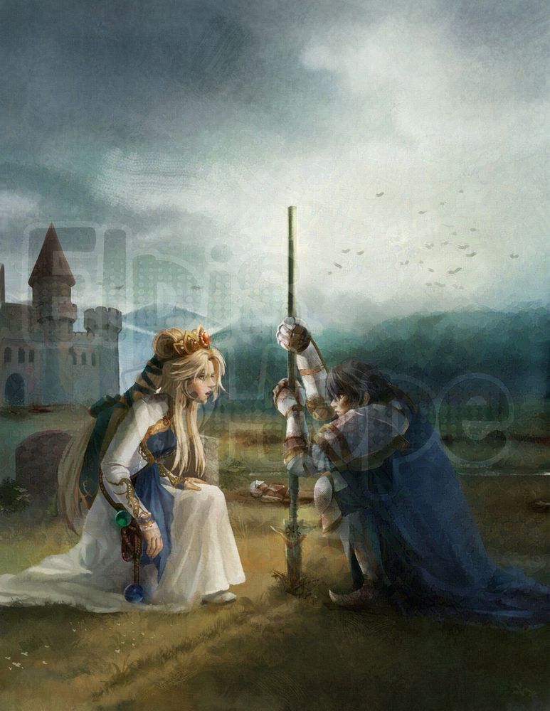 A painting of Horace and Nyna from Fire Emblem: Shadow Dragon. Nyna is talking down to Horace, scolding him for betraying Archanea.