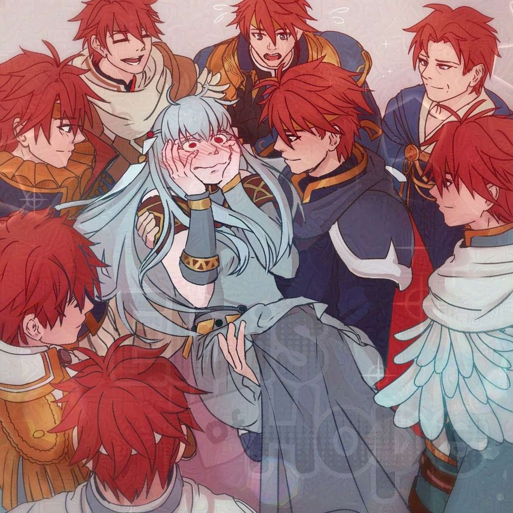 A picture of Ninian surrounded by 8 versions of Eliwood. Ninian is holding her face in her hands, blushing a bright red. Default Eliwood from Blazing Blade is holding her princess style. Surrounding the two are the different alts of Eliwood from Fire Emblem Heroes with older Eliwood from Binding Blade. The order goes as follows, left to right, bottom to top:

Brave Eliwood
Bridal Eliwood
Day of Devotion Eliwood
Resplendent Eliwood
Legendary Eliwood
Eliwood as he appears in Binding Blade
Resplendent Brave Eliwood