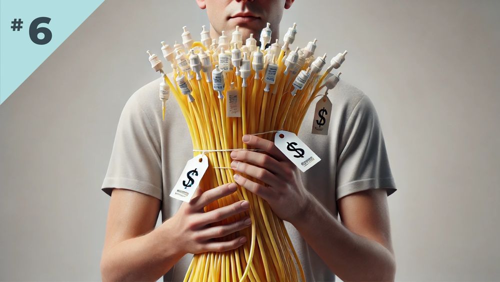 An AI generated image of a man holding a large number of urinary catheters, some with price tags.