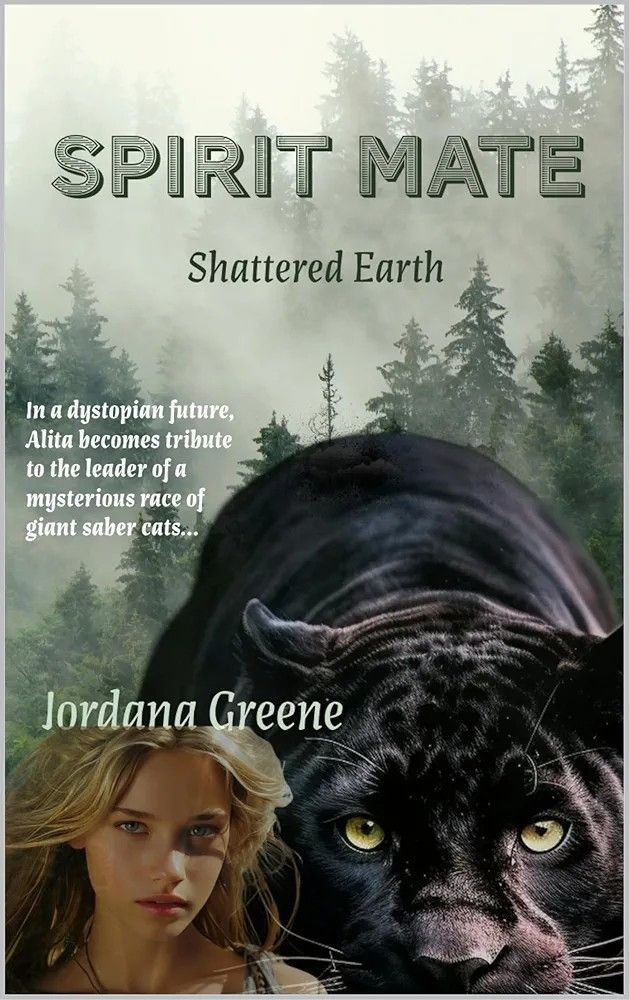 Cover of book, Spirit Mate, by Jordana Greene. Misty wooded mountains in background, with a woman and giant black saber cat in the foreground
