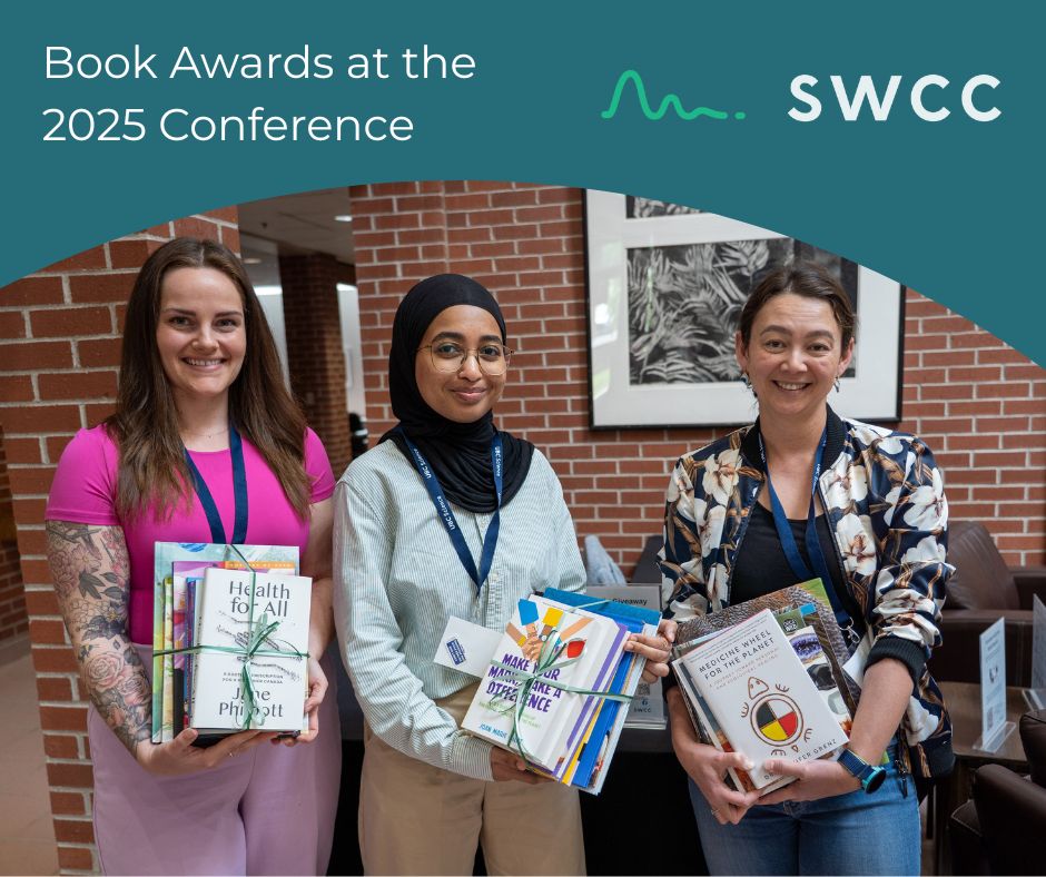 Three smiling members of the SWCC Book Awards Committee stand indoors in front of a brick wall, each holding a bundle of Canadian science books tied with ribbon. A sign above reads “Book Awards at the 2025 Conference” next to the SWCC logo.
