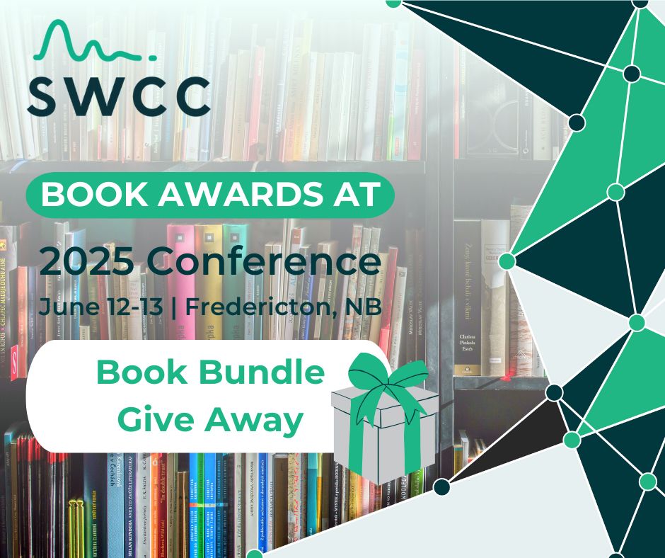 Promotional graphic for the SWCC (Science Writers and Communicators of Canada) Book Awards at the 2025 Conference, taking place June 12–13 in Fredericton, New Brunswick. The design features bookshelves in the background and a geometric overlay with the SWCC logo.