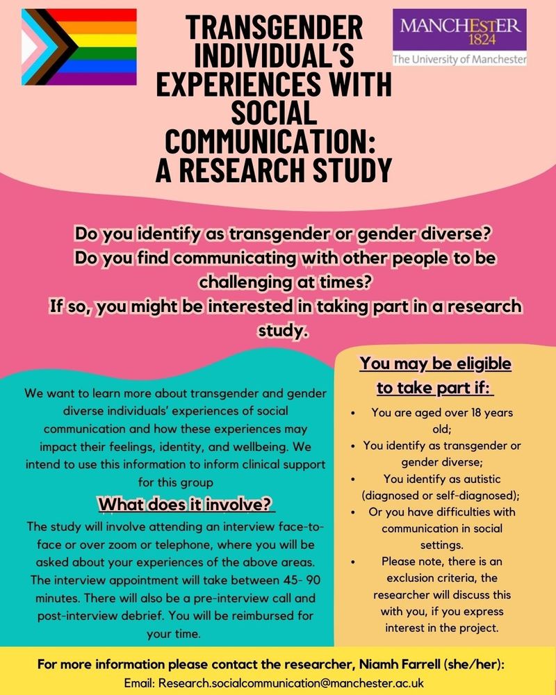 Poster giving further details of the research study seeking transgender and gender diverse autistic volunteers, if you would like a plain text version please email Research.socialcommunication@manchester.ac.uk