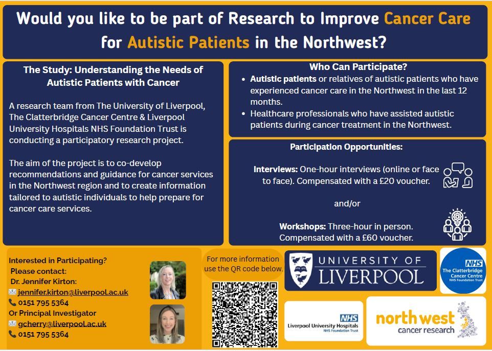 Flyer showing more information about the autistic cancer care study - for a plain text information sheet please email jennifer.kirton@liverpool.ac.uk