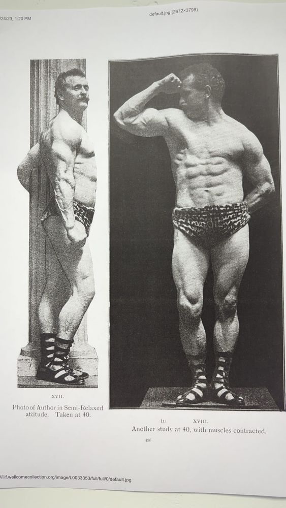 Two black and white photos printed in a book showing a muscular white man with dark curly hair and mustache, wearing leopard print pants and Greek style sandals. He's shown full length, in profile on the left and straight on in the righthand picture, he's flexing his muscles in both showing classic body builder poses.