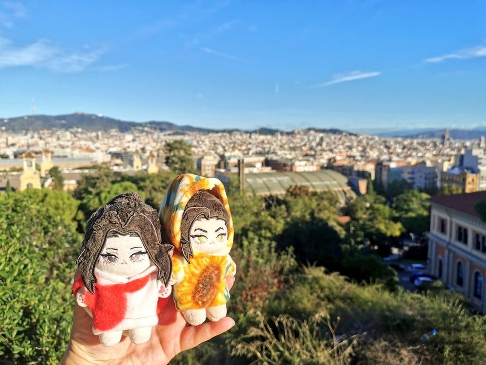 Fengqing babies in front of a view of Barcelona and surrounding hills