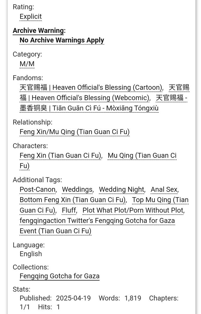 Screenshot from AO3 about my fix Wedding Wishes