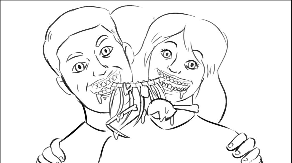 In-process drawing of "enjoy your meal concept" by nathan yaffe from the drawfee video "artists draw weird stock photos based on their titles", two eerily smiling people with a chicken skeleton held between their mouths, with a mysterious hand on each person's shoulder