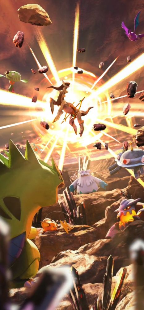 A screenshot of the end of the video that played upon receiving the arceus ex card that includes a variety of other Pokémon in the fore- and background, including Tyranitar, Raichu, Heatran, Magnezone, Abomasnow, Carnivine, and Crobat