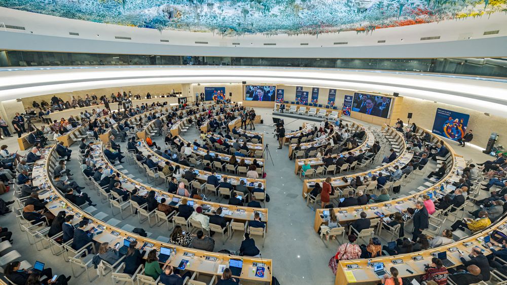Participants of the 2024 World Health Assembly meet in a hall at WHO in Geneva.