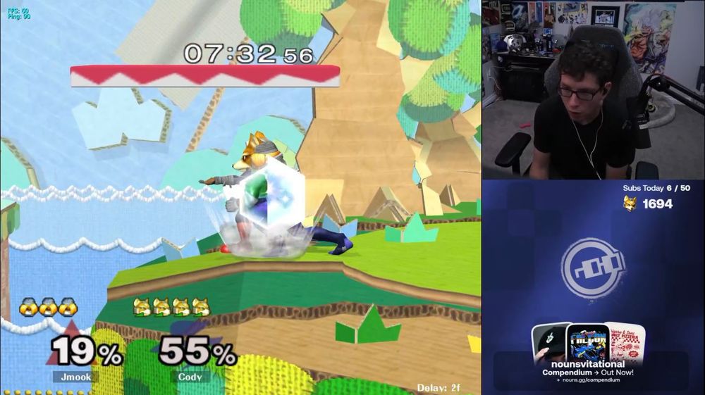 A frame of Super Smash Bros. Melee from Cody's perspective. The match timer says 7:32.56 and Fox's shine is clanking with Shiek's jab.
