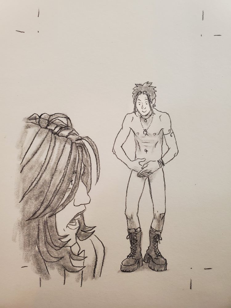 A graphite drawing of our shapeahifting ghost Jamie, normally a girl, who has accidentally appeared as a boy. She is nude but for boots and accessories, and looks down at her boy bits with a funny little smile on her face. Hector looks on, his mouth agape in surprise.