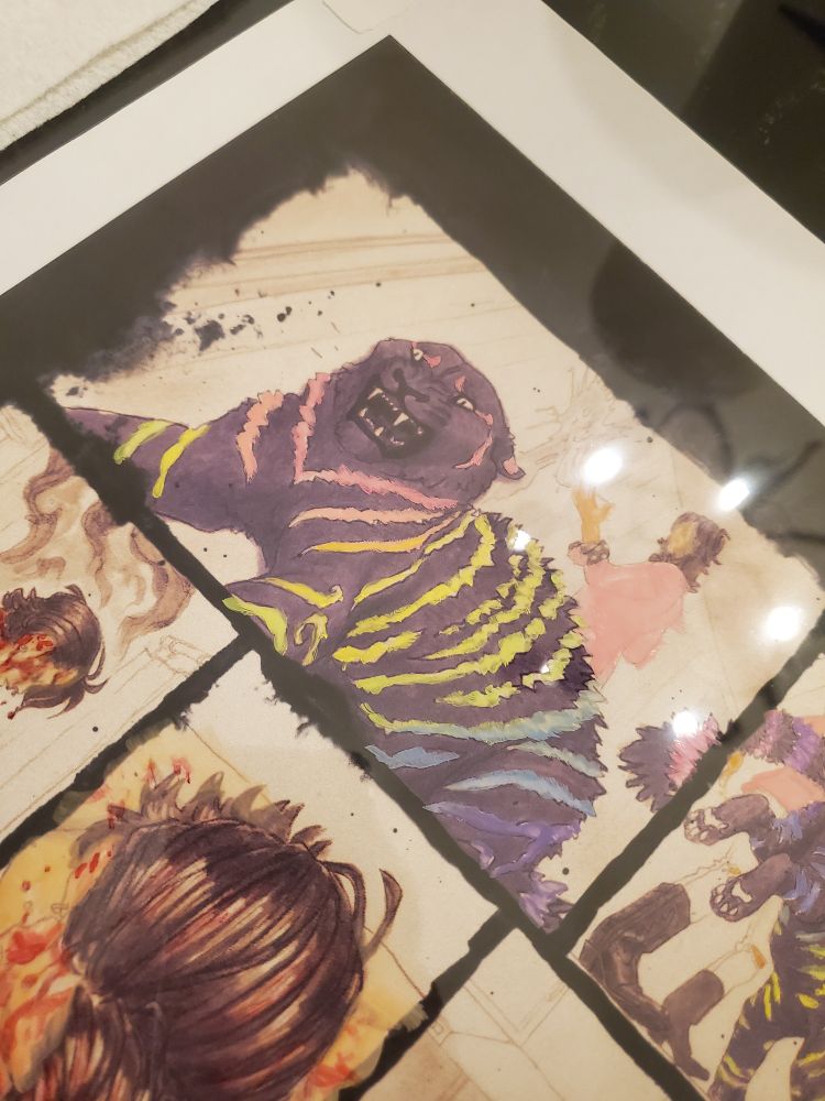 A process photo showing the colors for a comic panel done in acrylic paint on clear Duralar plastic film