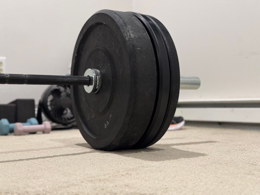 The one side of a barbell on a carpet floor with multiple bumper plates. 