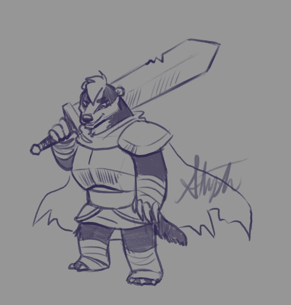 Anthropomorphic badger character wearing armor and wielding a giant sword