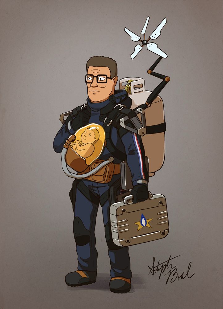 Digital illustration of Hank Hill dressed as Sam from Death Stranding with Bobby as BB