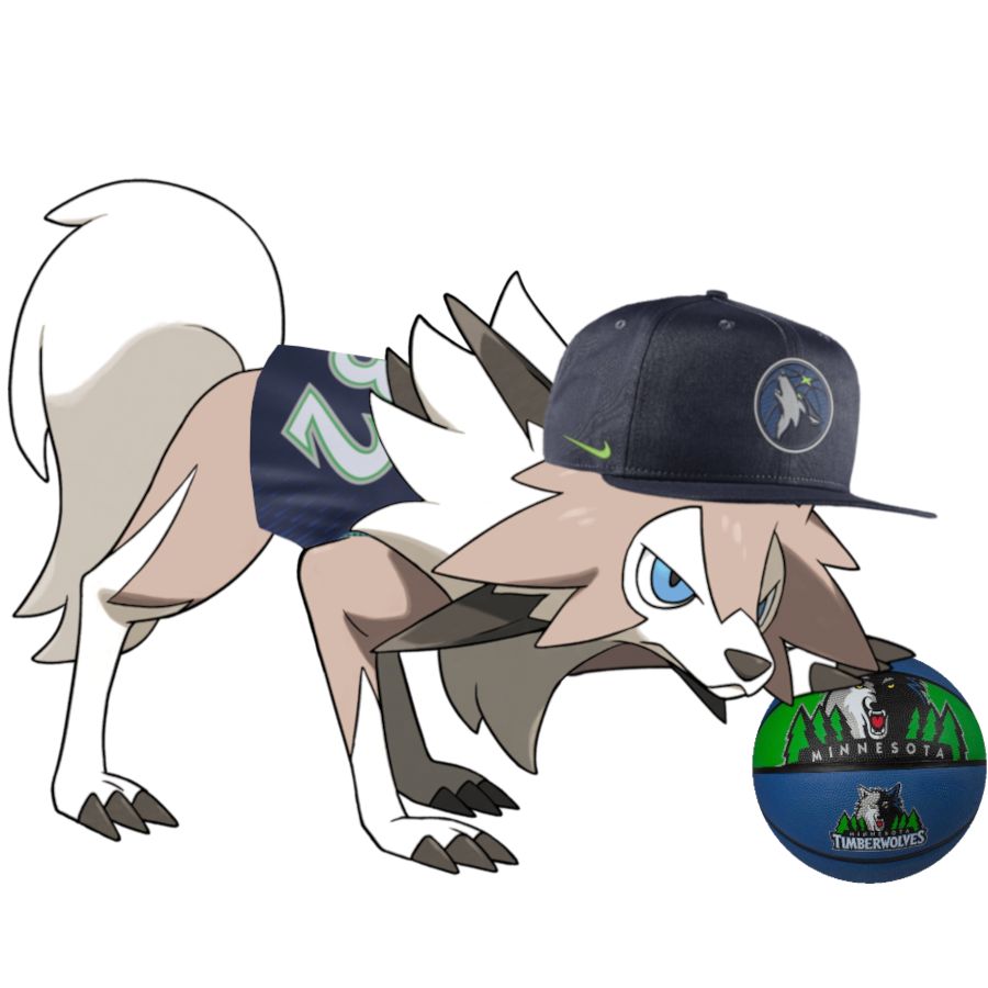 Midday Lycanroc with a Minnesota Timberwolves hat, jersey, and ball.