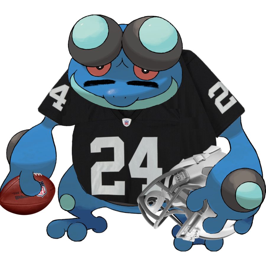 Seismitoad wearing a Las Vegas Raiders jersey, holding a football and a Raiders helmet. It has eye black on underneath its eyes.