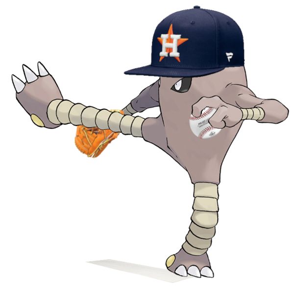 Hitmonlee wearing a Houston Astros hat, standing on a pitching rubber, wearing a baseball glove, holding a baseball.