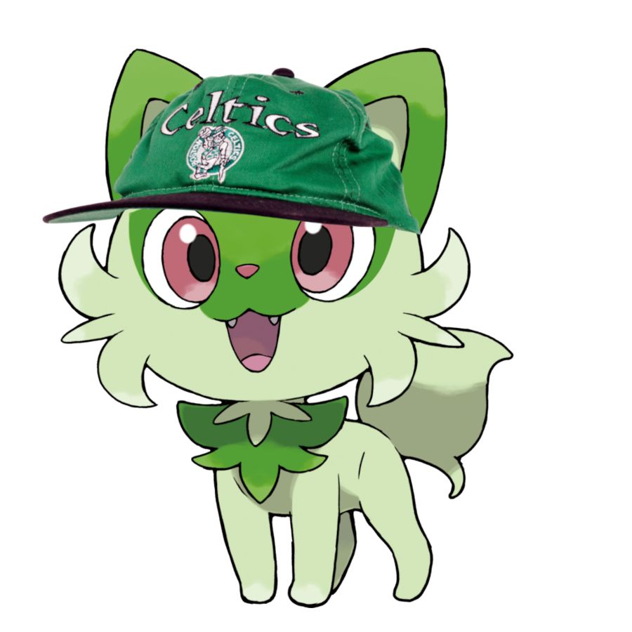 Sprigatito wearing a Boston Celtics hat.