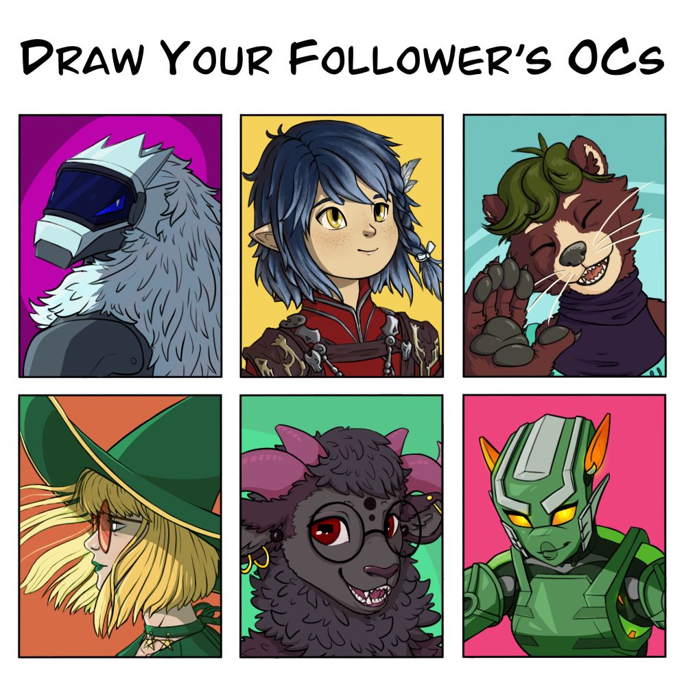 A filled in "draw your follower's Ocs" chart with various ocs of different species/types!
