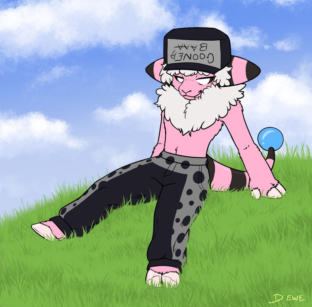 Anthro Flaaffy (sheep Pokemon) resting on a grassy hilltop, with a blue sky and fluffy clouds behind. He looks a little tired, but happy.