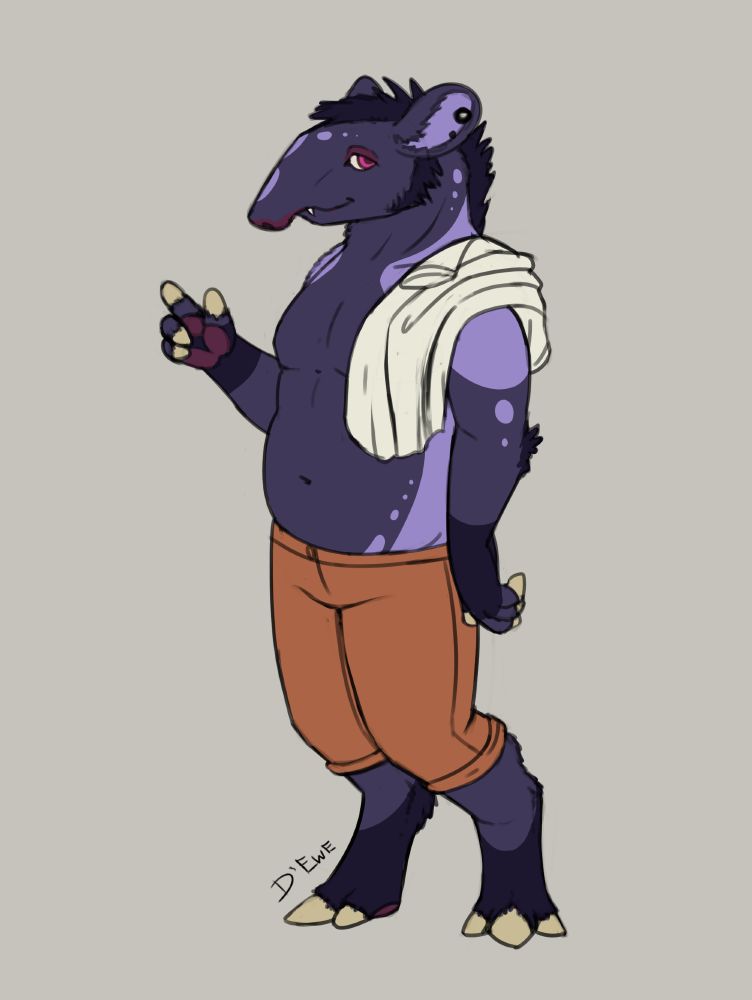 Anthro tapir charcater. He is dark blue/purple, with lighter and darker highlights / markings. He looks casual, with a shirt slung over one shoulder, and wearing orange quarter-length trousers.