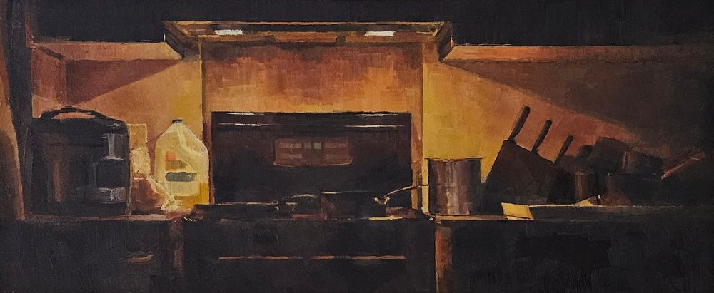 A painting of a kitchen counter lit by the countertop lights showing utensils and pans placed on the stovetop.