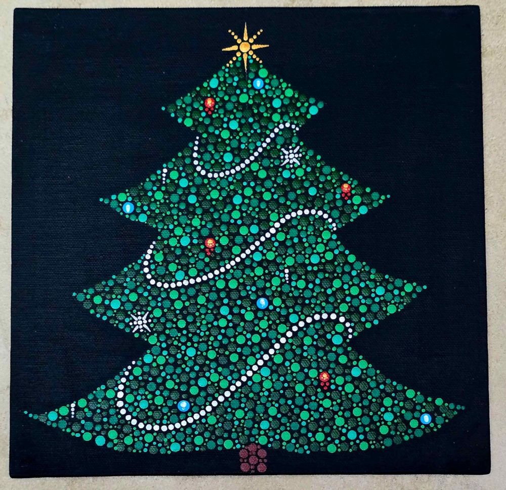 On a black canvas, a pine tree is made of dots of paint in many shades of green. More paint dots create ornaments, strands of lights, and a star on top of the tree.