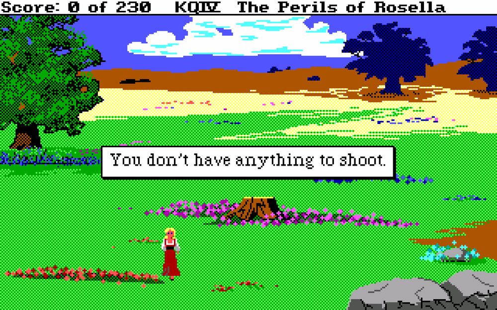 A screenshot from King's Quest IV. The text box reads, "You don't have anything to shoot."