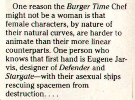 A scanned paragraph from a 1983 issue of Videogaming Illustrated that dares to imagine a female Burger Time Chef before rejecting the premise entirely.