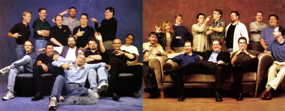 A photo featuring a whole bunch of gamedevs on couches.